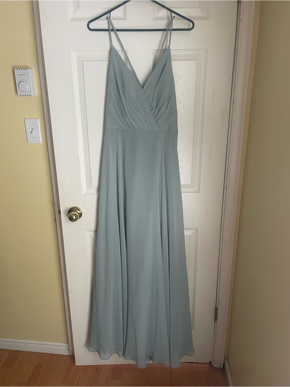 David's Bridal Sage Green V-Neck Spaghetti Strap Gown